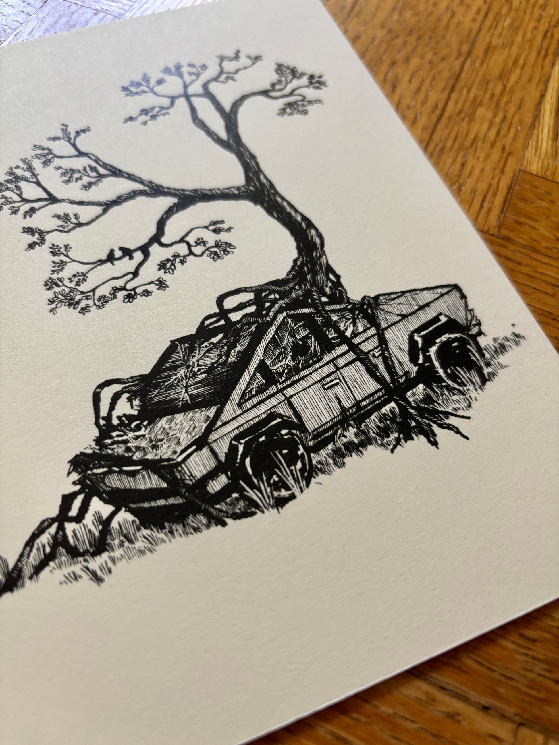 Black ink illustration of a cybertruck with a tree growing out of it on white cardstock