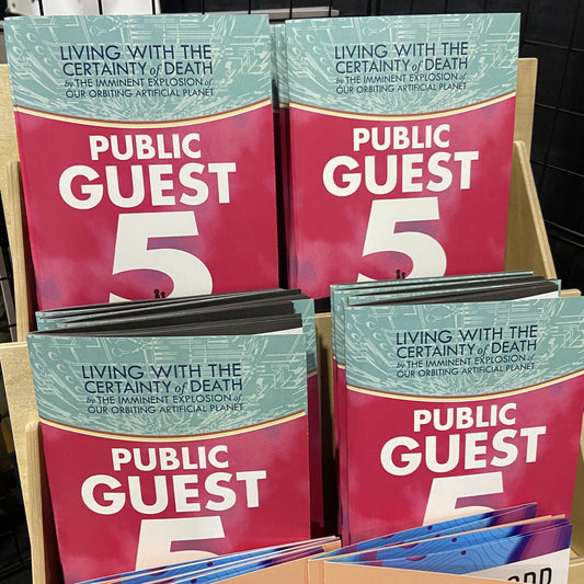 Multiple copies of a book titled 'Public Guest 5: Living with the Certainty of Death by the Imminent Explosion of Our Orbiting Artificial Planet' displayed on a shelf.