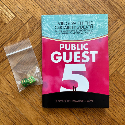 'Public Guest 5' journal game on a wooden table with a small bag of two green dice.