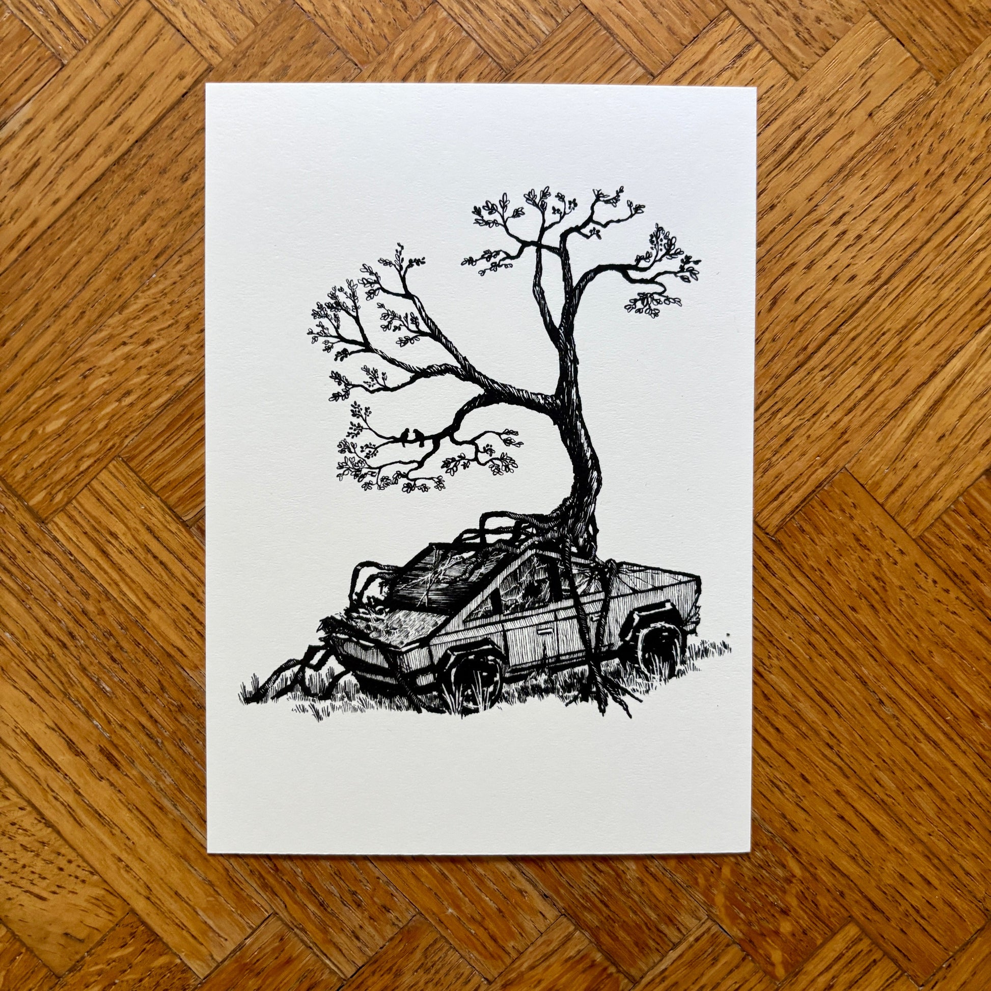 Illustration of cybertruck with a tree growing out of it printed on white cardstock