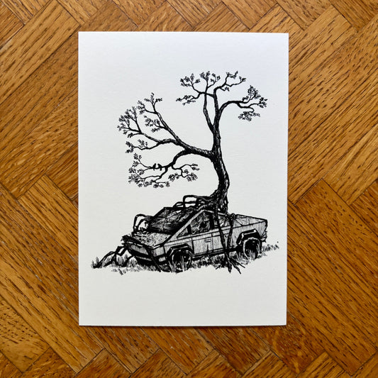Illustration of cybertruck with a tree growing out of it printed on white cardstock