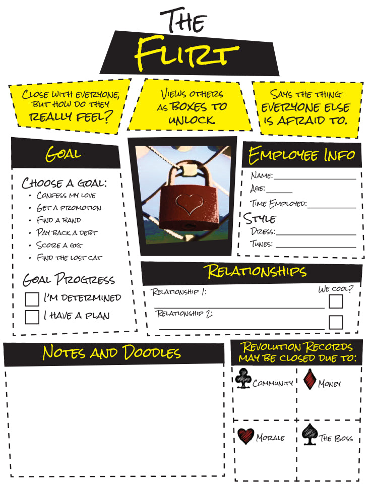 Scheda del personaggio di Damn the Man, Save the Music! Una scheda del personaggio di Damn the Man, Save the Music!, in questo caso del Flirt o Piacione nell'edizione italiana